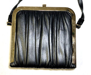 Vintage Shirl Miller Black Leather Mini Clutch Purse Gold Frame (Black)